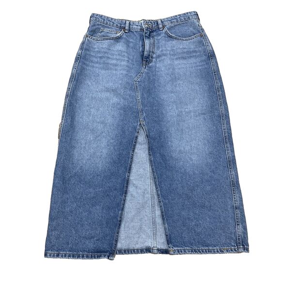MNG Mango Denim Midi Skirt Women L Blue Center Slit Jean Medium Wash 90s - Picture 1 of 15